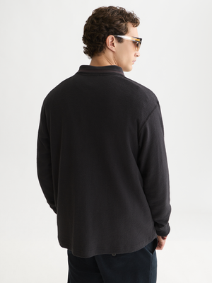 Textured Cotton Long-Sleeve Relaxed Polo