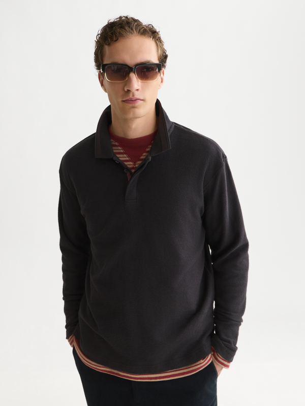 Textured Cotton Long-Sleeve Relaxed Polo