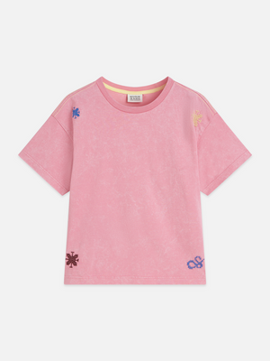 Girls' Embroidered Loosefit Snowwashed Tshirt