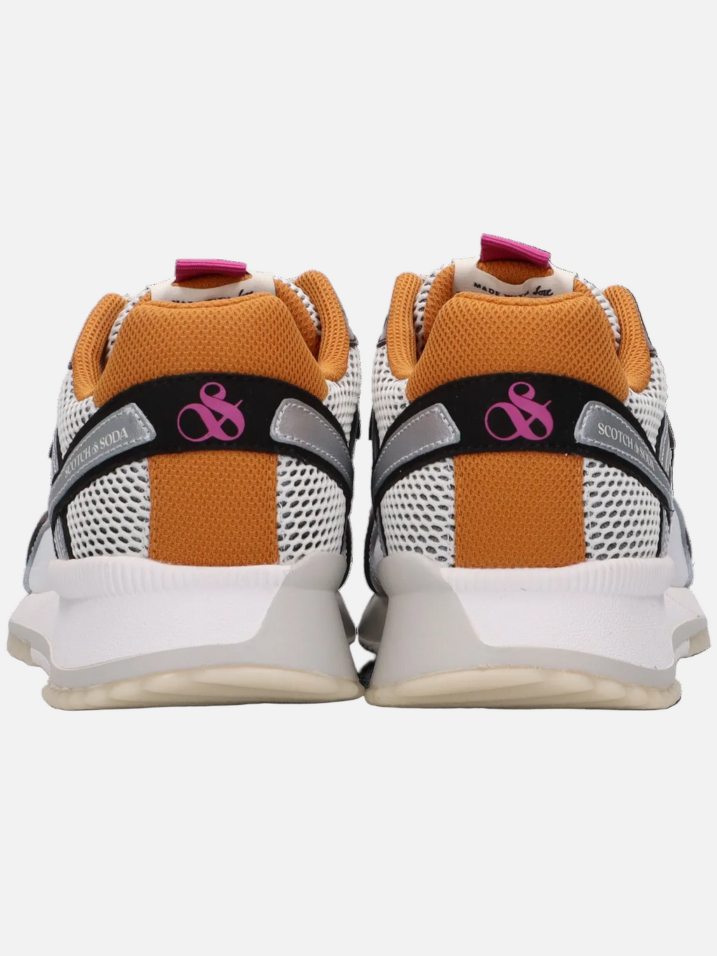 Pair of orange and white sneakers with a brand logo on a white background