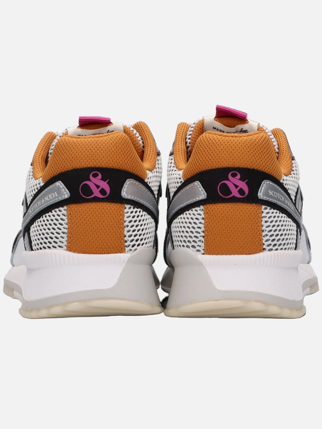 Pair of orange and white sneakers with a brand logo on a white background