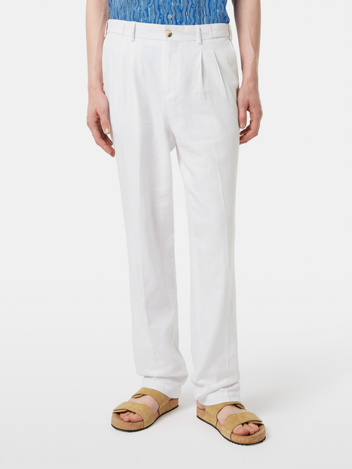 Pleated Relaxed Straight Cotton-Linen Twill Chino