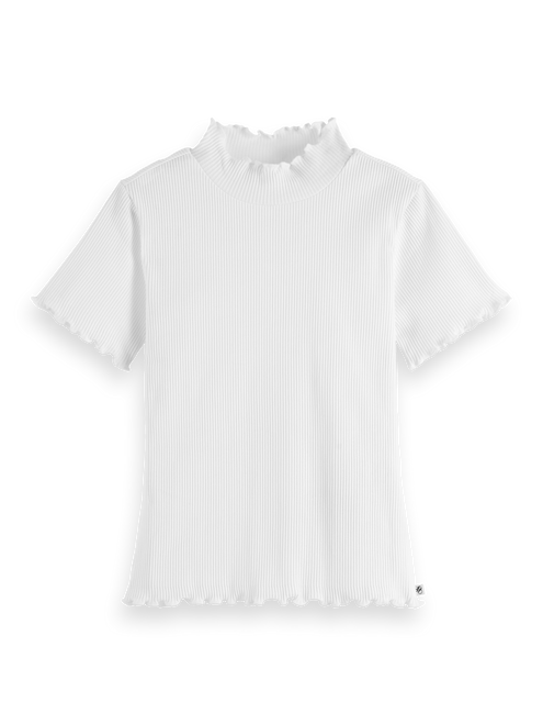 Geripptes, figurbetontes Mädchen-T-Shirt mit kurzem Arm und Stehkragen