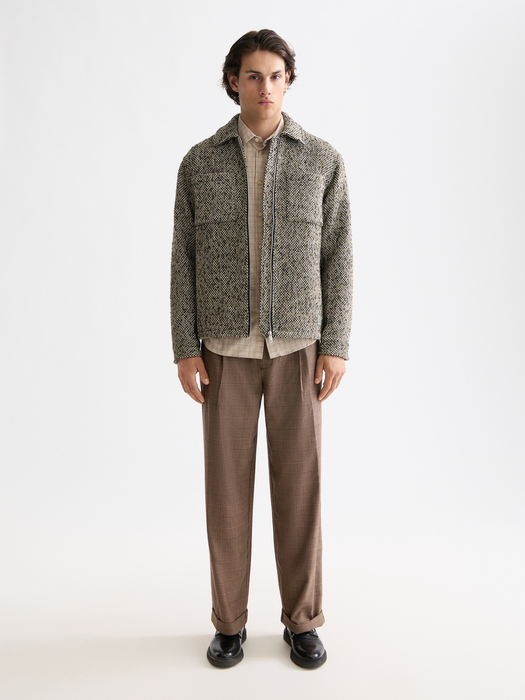 Checkered Wool-Blend Pleated Baggy Fit Chino