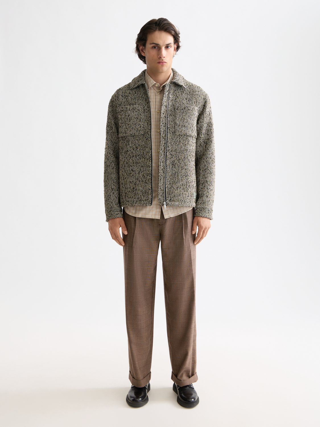 Checkered Wool-Blend Pleated Baggy Fit Chino