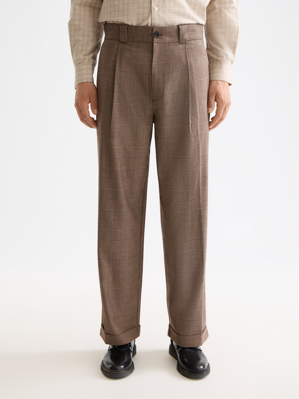Checkered Wool-Blend Pleated Baggy Fit Chino