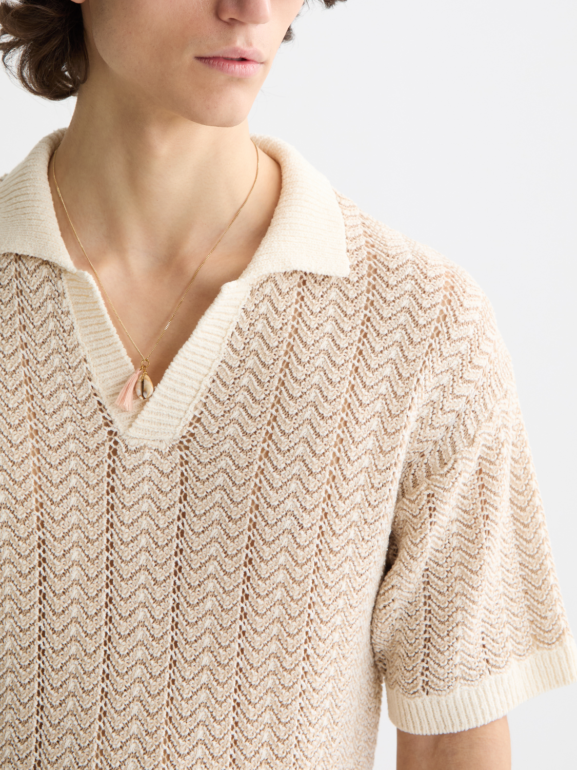 Open Structured Knitted V-Neck Polo