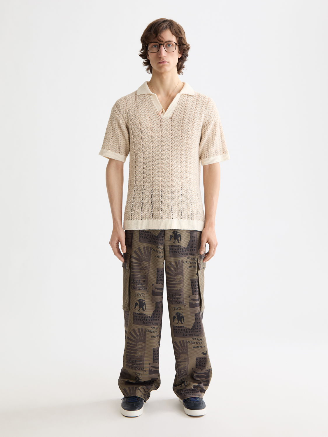 Open Structured Knitted V-Neck Polo