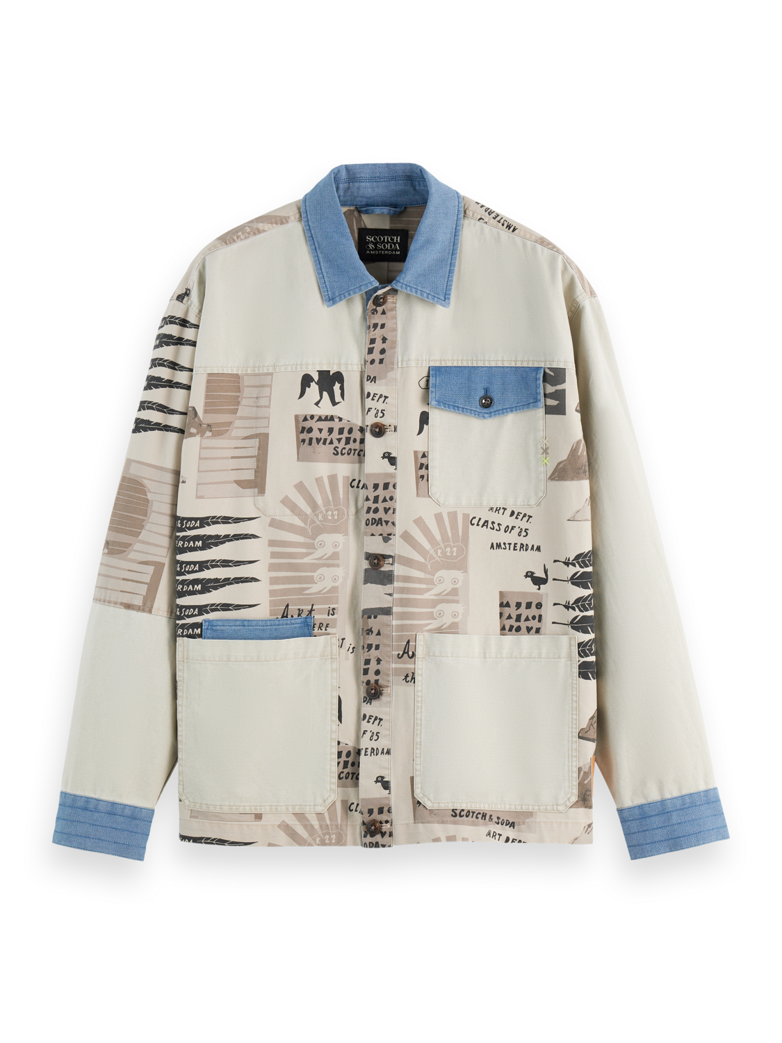 Printed & Washed Colour Block Worker Jacket