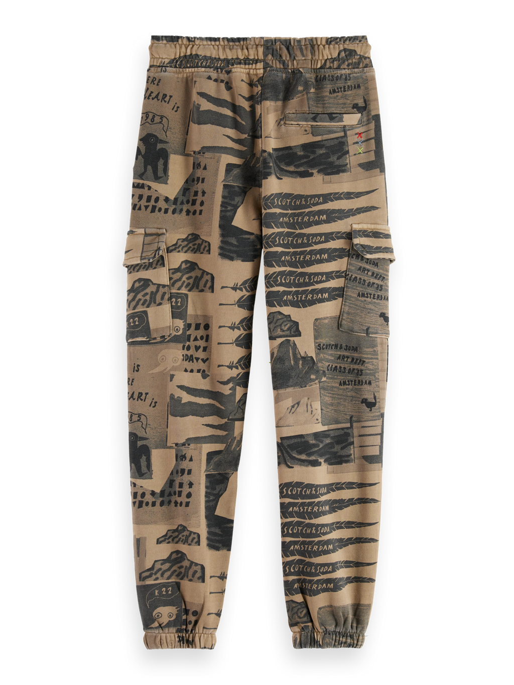 Patterned jogger pants on a white background