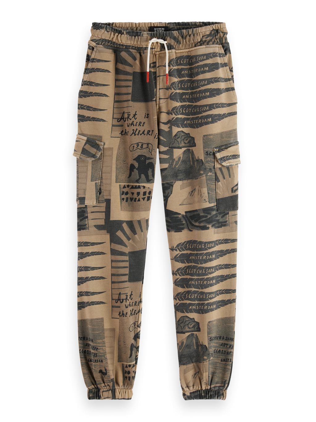 Beige jogger pants with black text and graphics on a white background