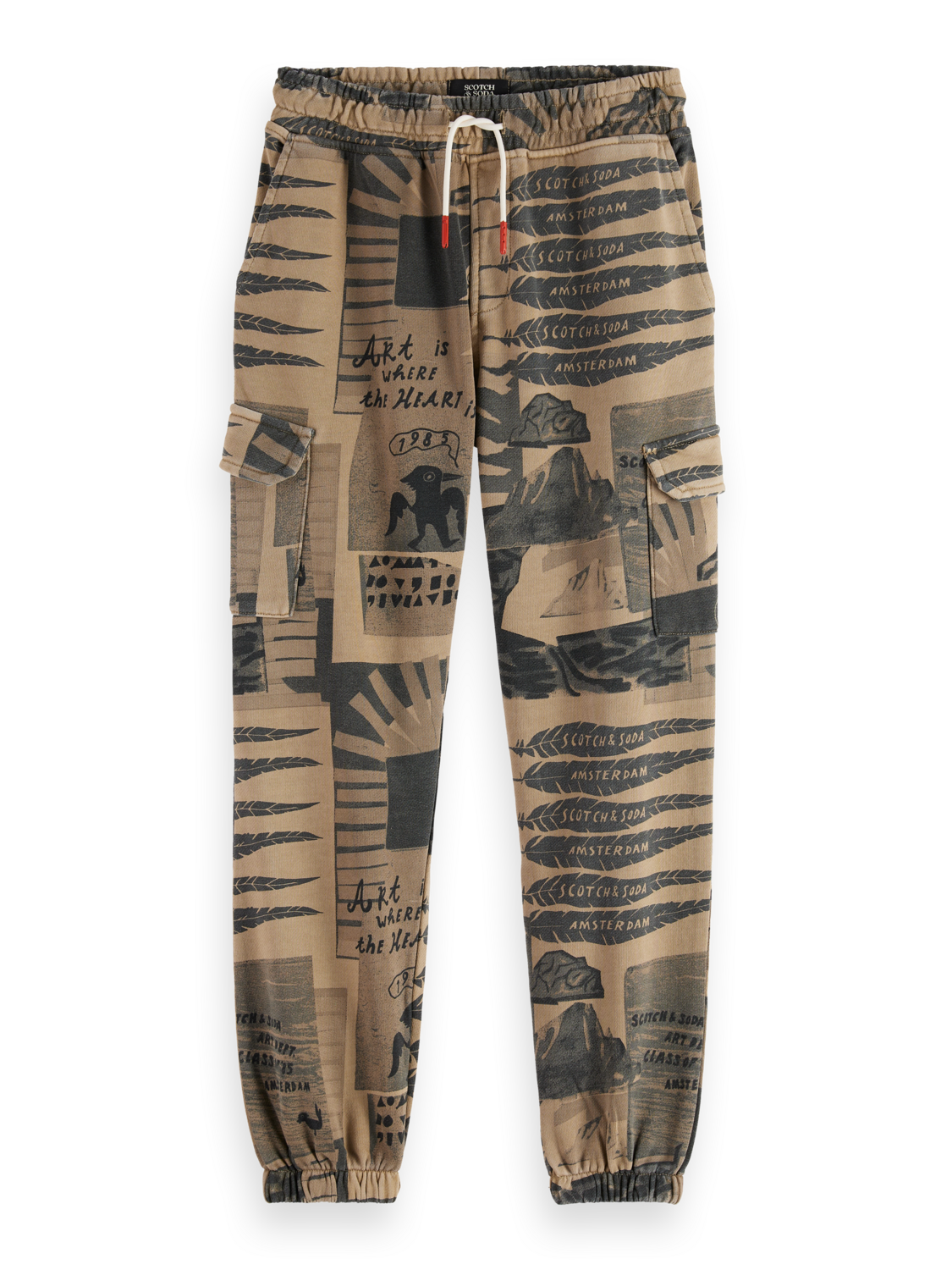 Beige jogger pants with black text and graphics on a white background