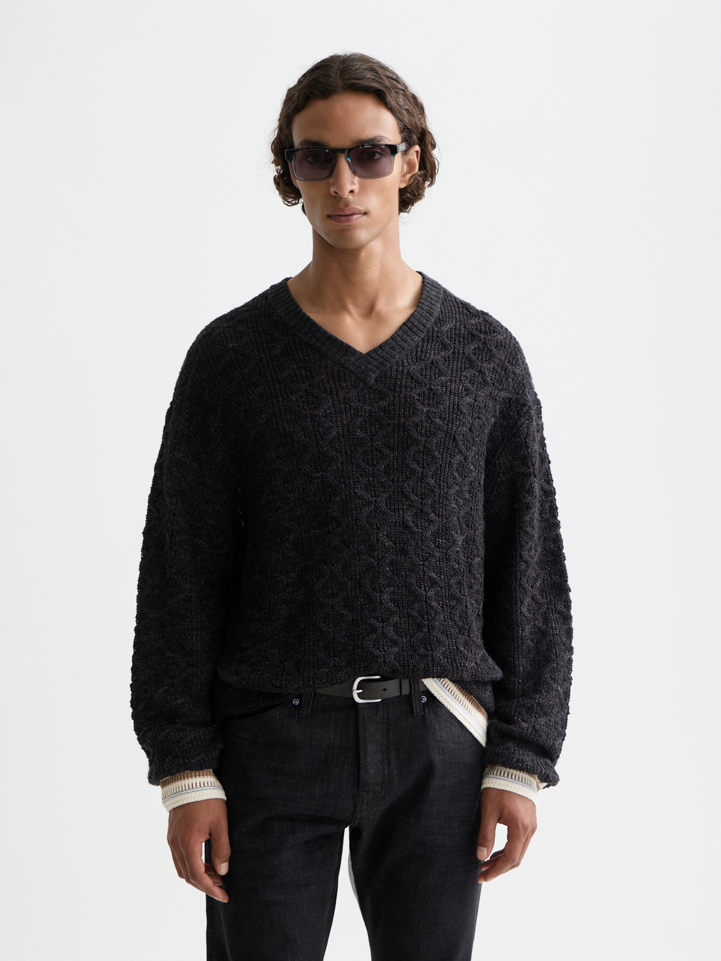 V-Neck Cable Loose-Fit Pullover