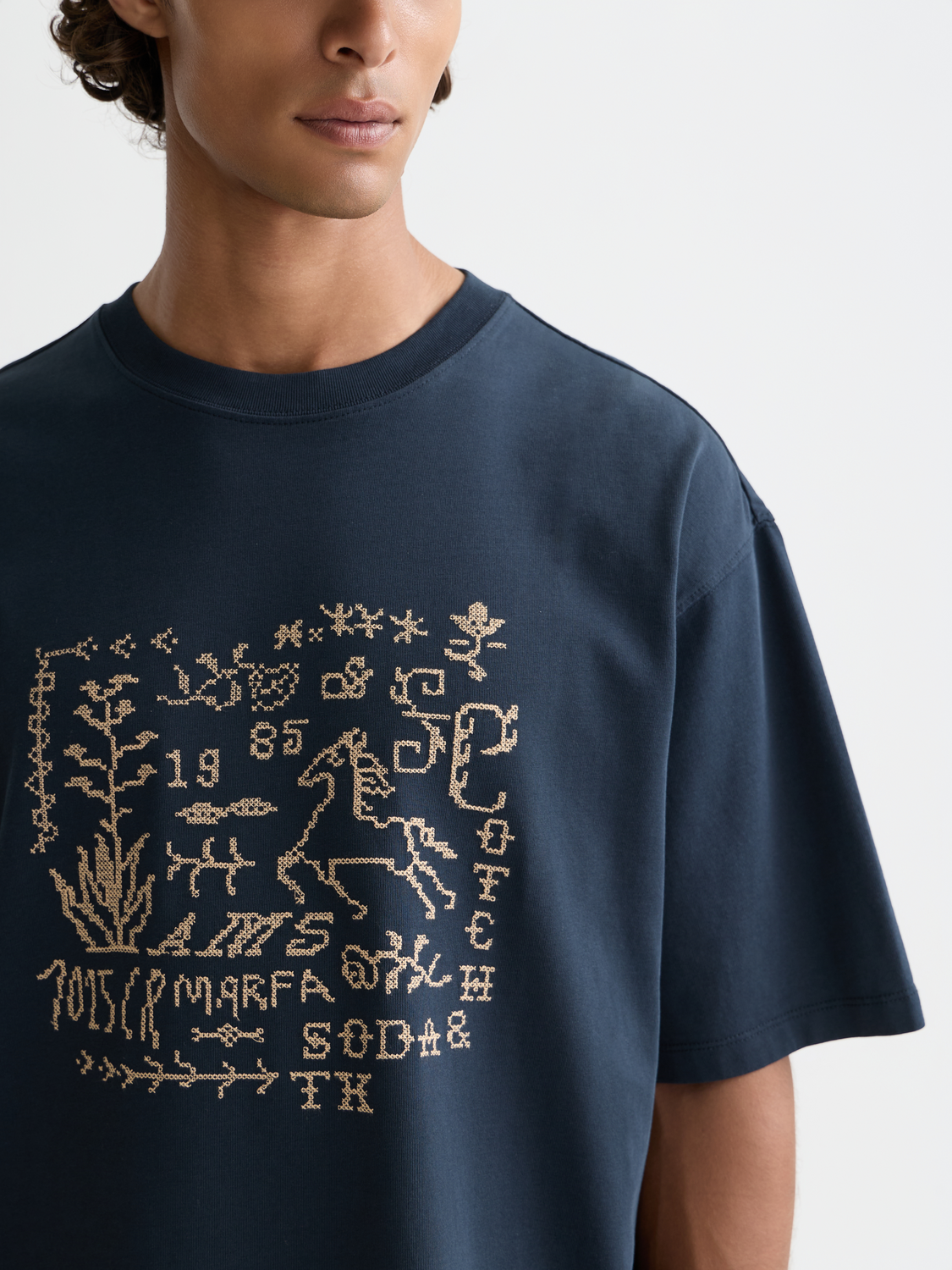 Cross-Stitched Front Artwork Loose-Fit T-Shirt