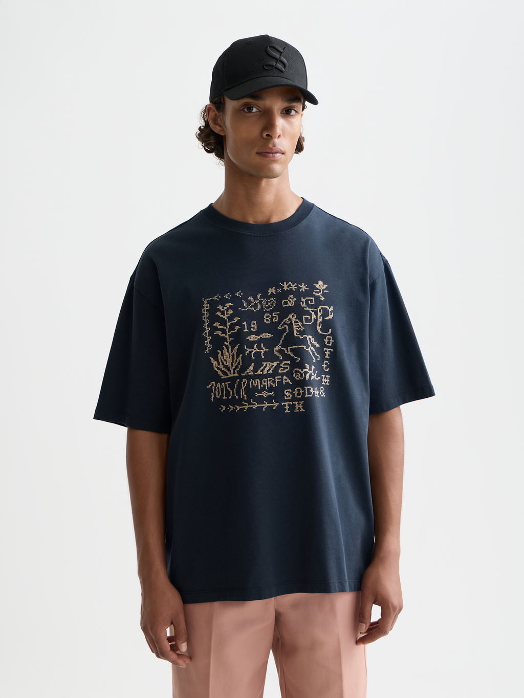 Cross-Stitched Front Artwork Loose-Fit T-Shirt