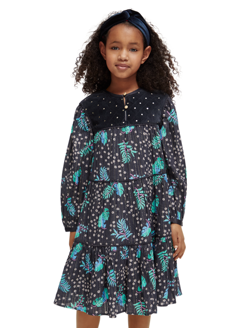 Girls' All-Over Printed Velvet Detail Dress
