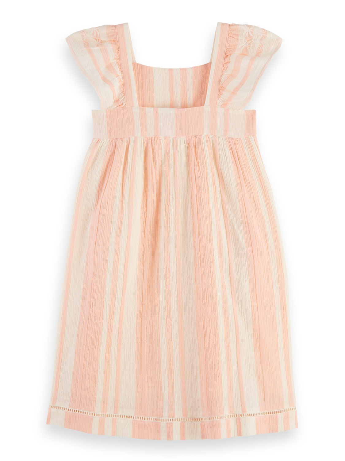 Leichtes, gestreiftes und besticktes Kleid mit Flügelärmeln
