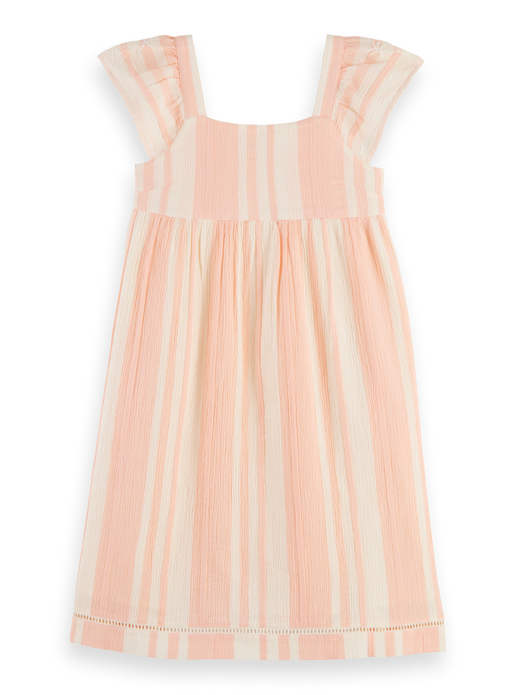 Leichtes, gestreiftes und besticktes Kleid mit Flügelärmeln