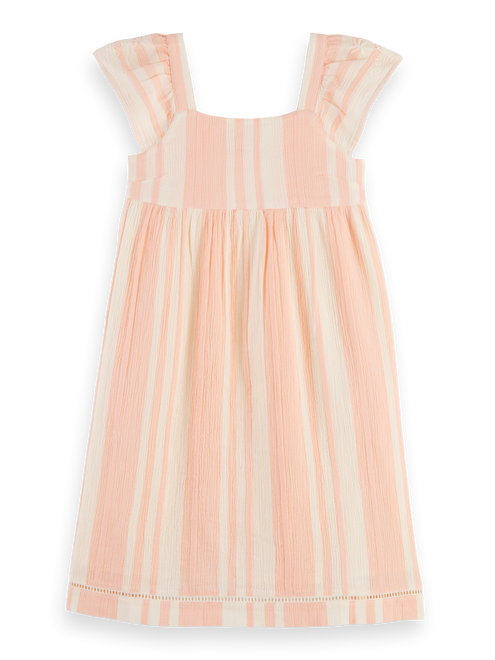 Leichtes, gestreiftes und besticktes Kleid mit Flügelärmeln