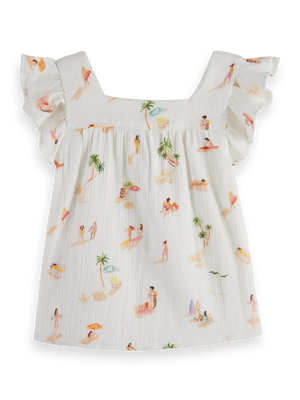 RUFFLE SLEEVE ALL-OVER PRINTED CRINKLE COTTON TOP