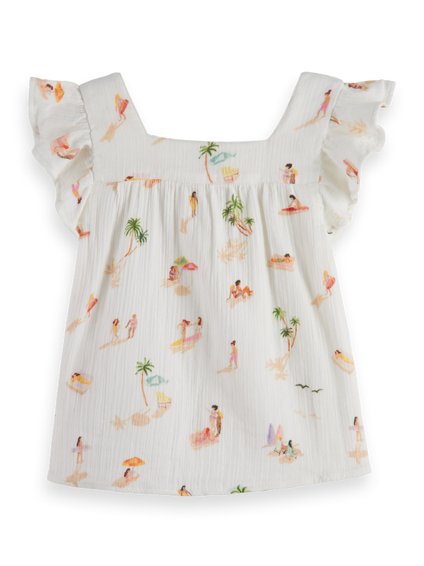 RUFFLE SLEEVE ALL-OVER PRINTED CRINKLE COTTON TOP