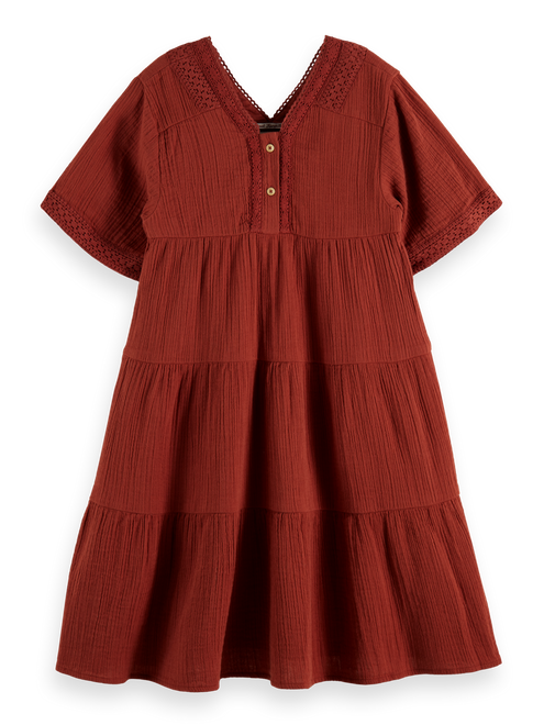 Midi-Kleid aus geknitterter Baumwolle mit Spitzendetail