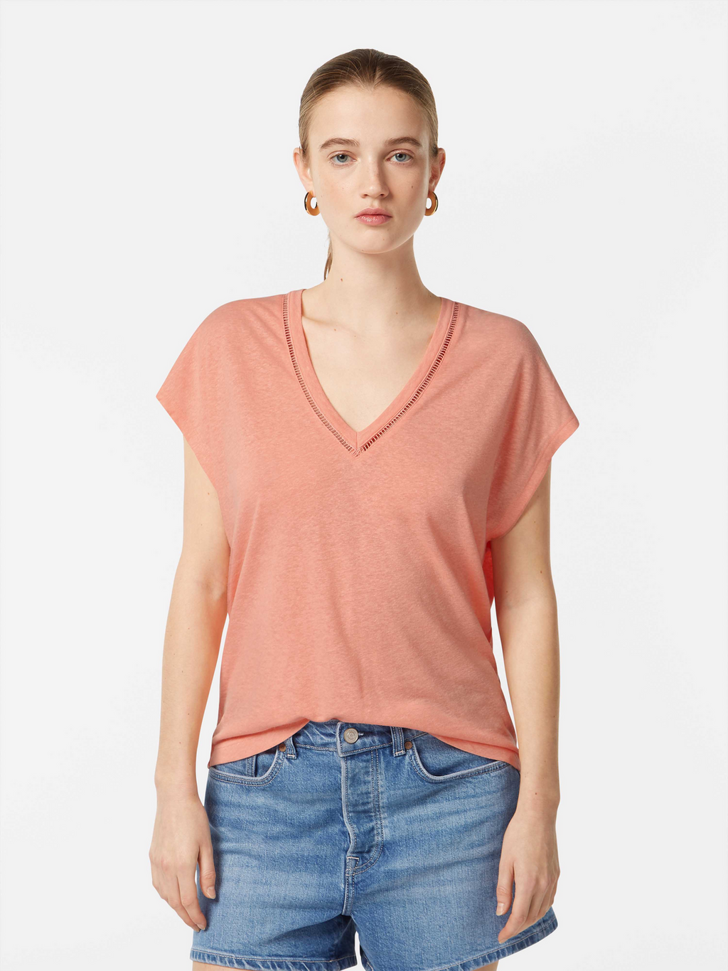 Baumwoll-Leinen-V-Ausschnitt-T-Shirt
