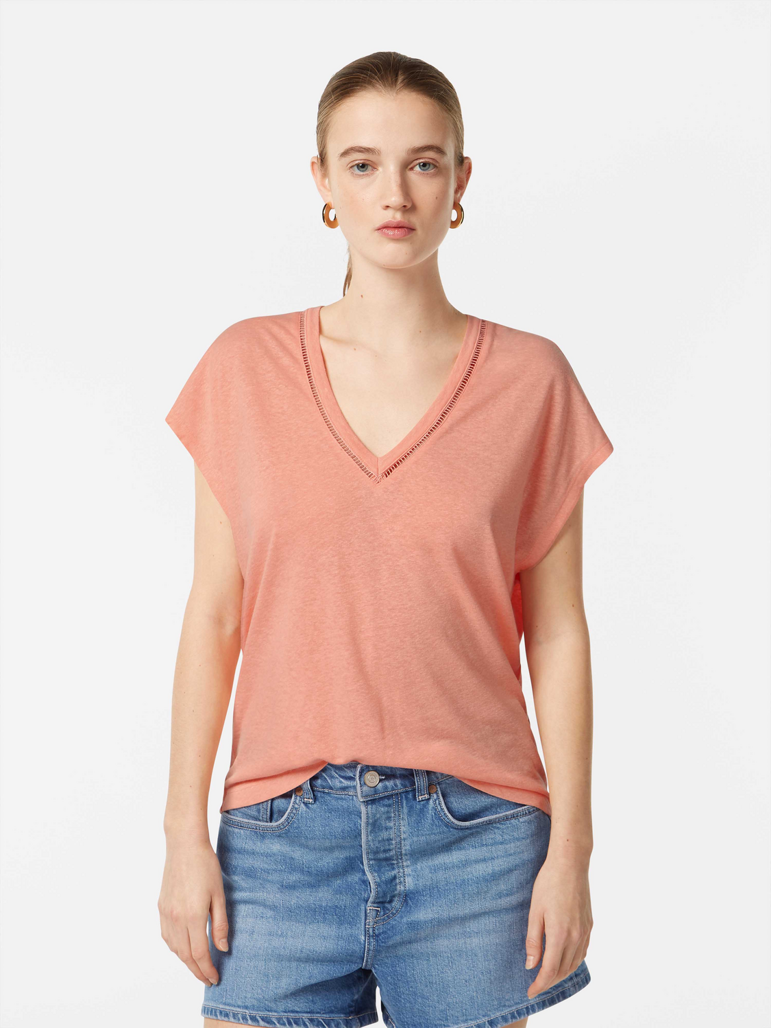 Baumwoll-Leinen-V-Ausschnitt-T-Shirt