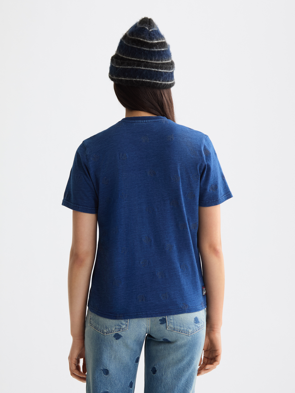 Washed Indigo Regular Fit T-Shirt With Allover Embroidery