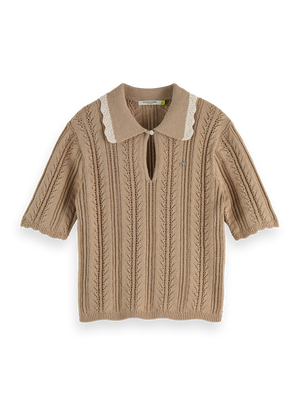 Pointelle collared knitted polo