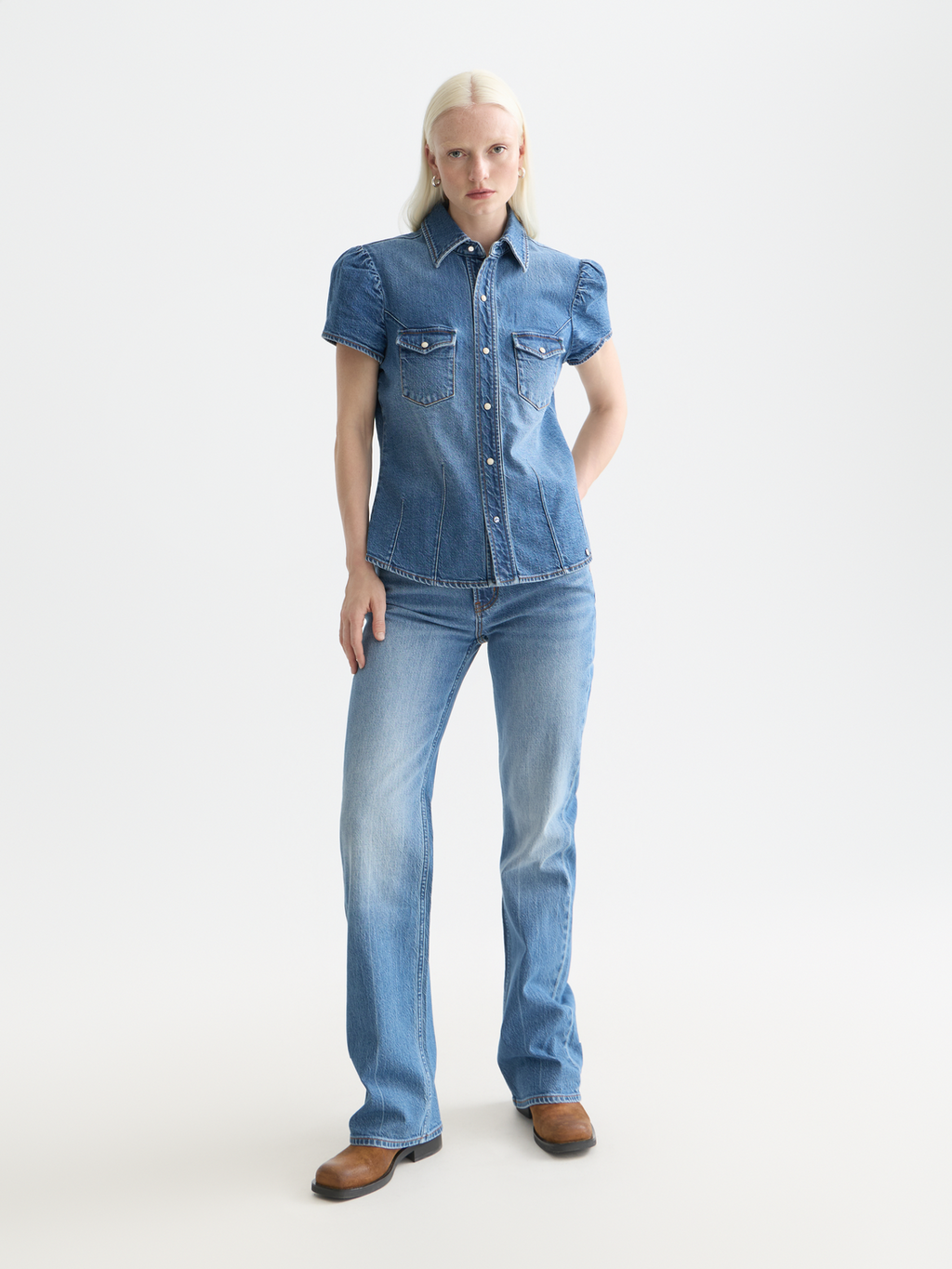 Cap Sleeve Fitted Denim Shirt