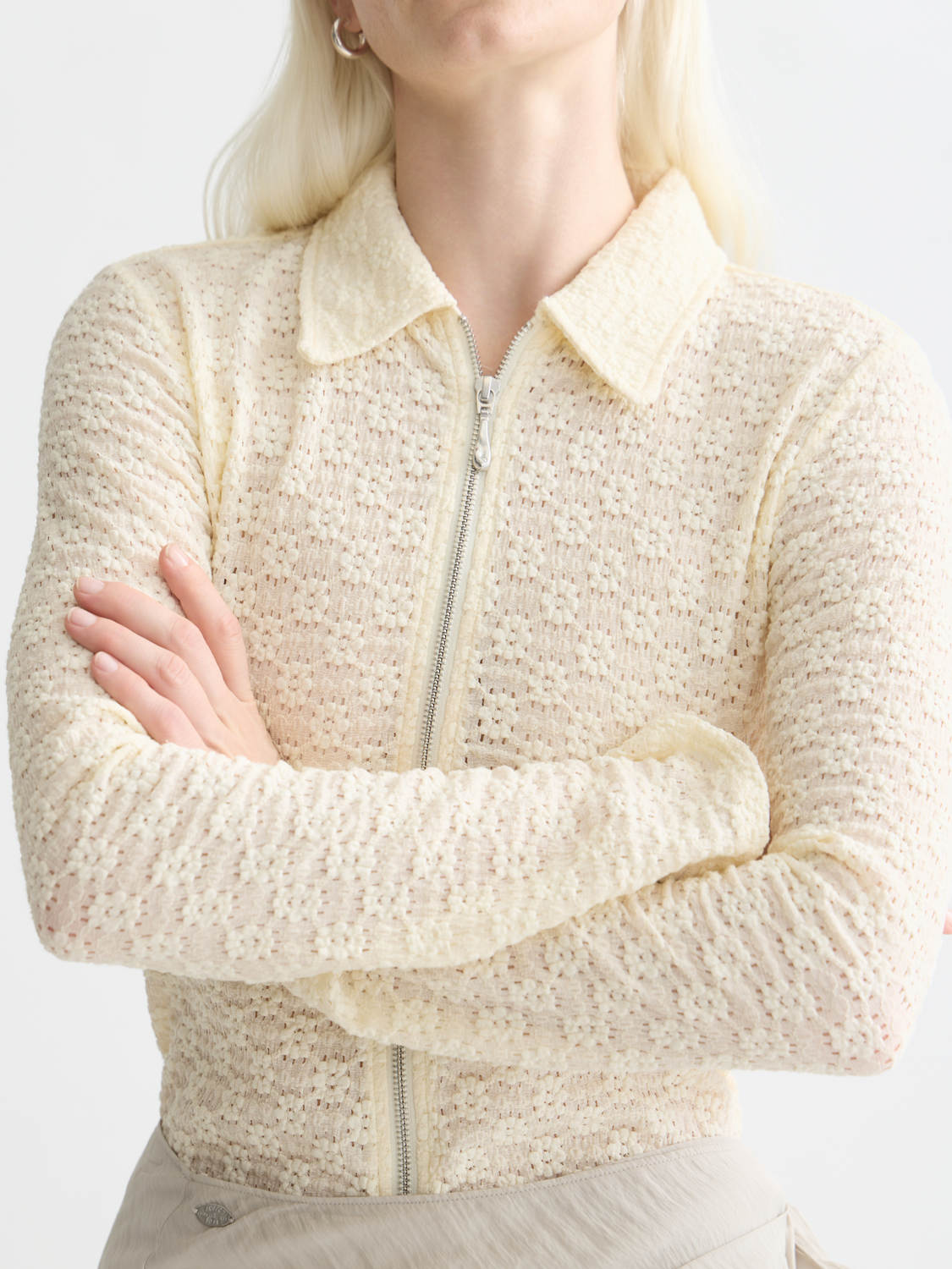 Zip Through Open Structure Long Sleeve T-Shirt