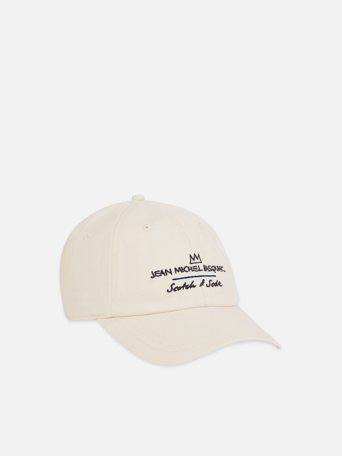 Beige cap with black text on a white background