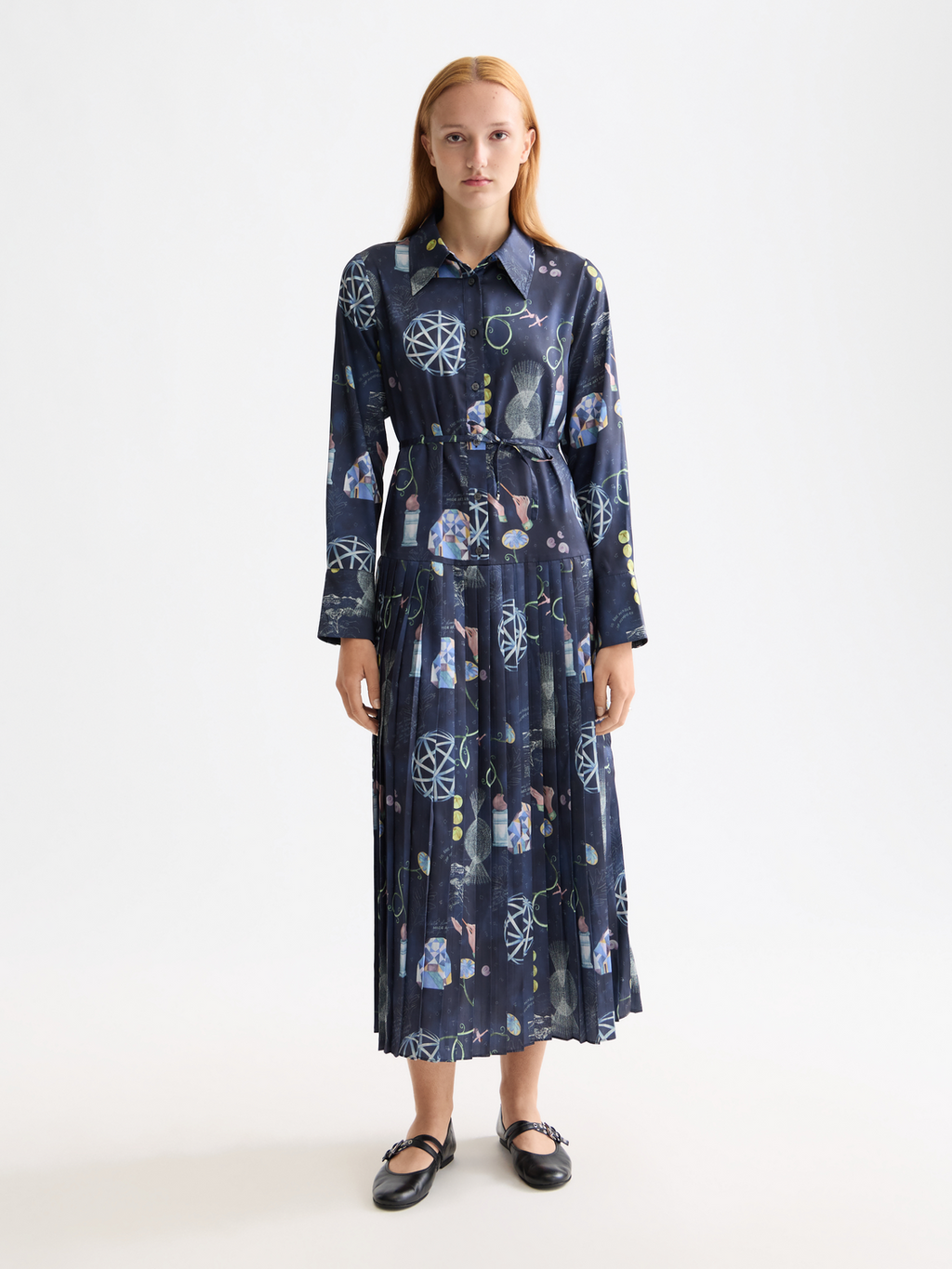 Belted Shirt Midi Dress With Pleated Hem