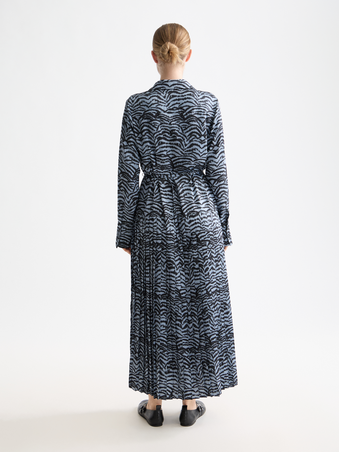 Belted Shirt Midi Dress With Pleated Hem