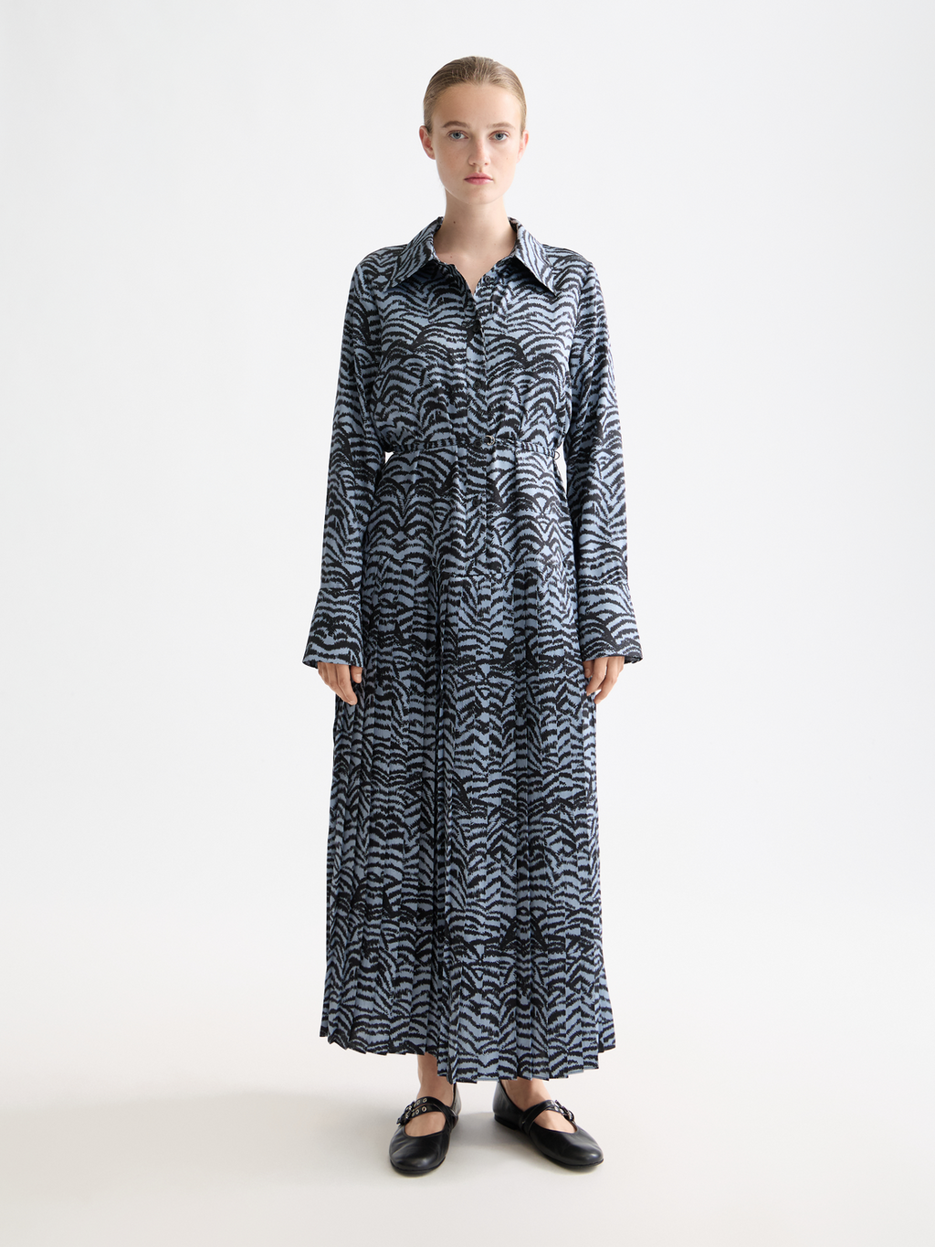 Belted Shirt Midi Dress With Pleated Hem