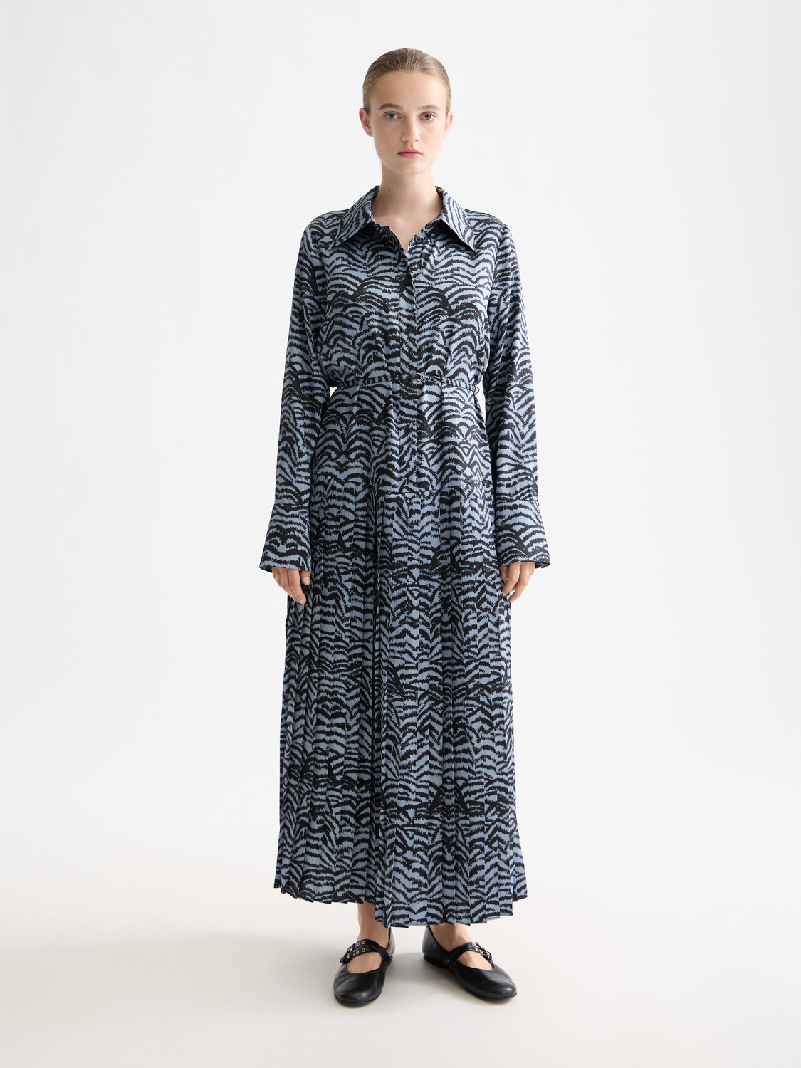 Belted Shirt Midi Dress With Pleated Hem