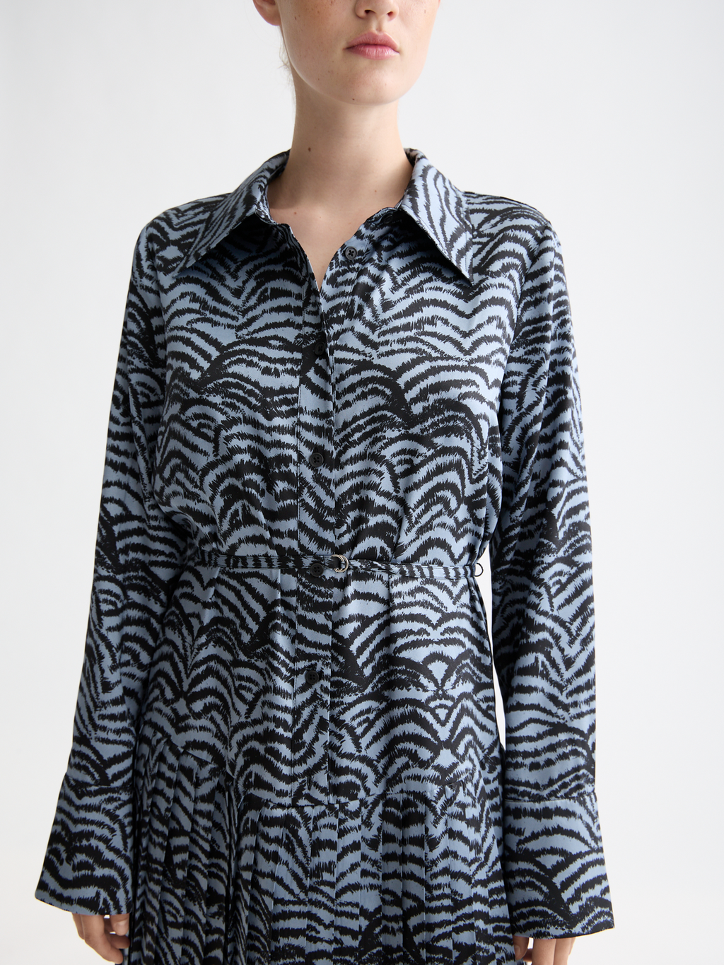 Belted Shirt Midi Dress With Pleated Hem