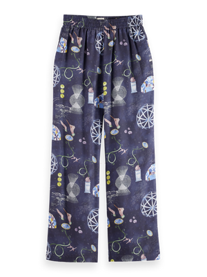 Gia - Mid rise wide leg elasticated trousers in block print