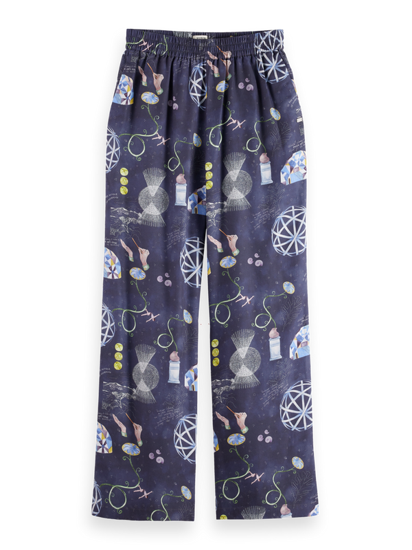 Gia - Mid rise wide leg elasticated trousers in block print