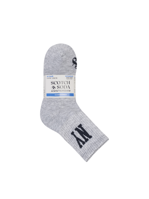 Gray sock with black branding on a white background