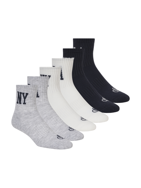 Set of six pairs of socks in black, white, and gray on a white background