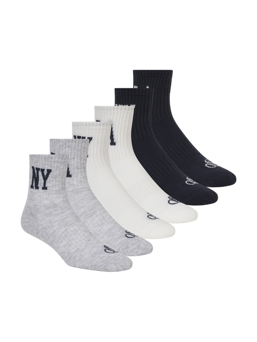 Set of six pairs of socks in black, white, and gray on a white background