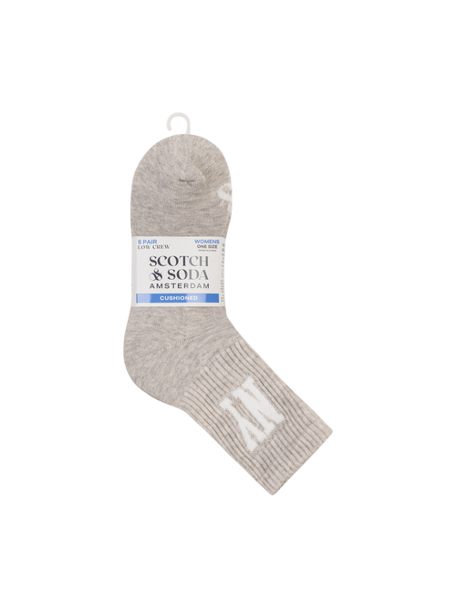 Gray sock with a visible brand label on a white background