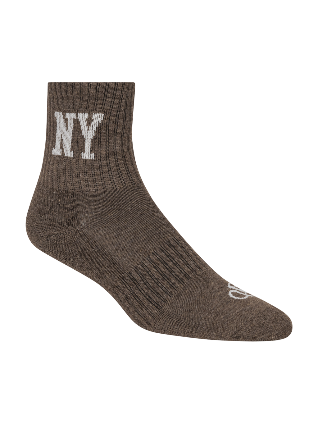 Brown sock with 'NY' logo on a white background