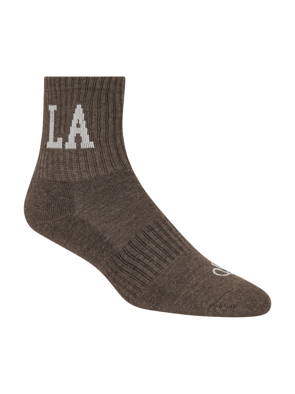 Brown sock with 'LA' logo on a white background