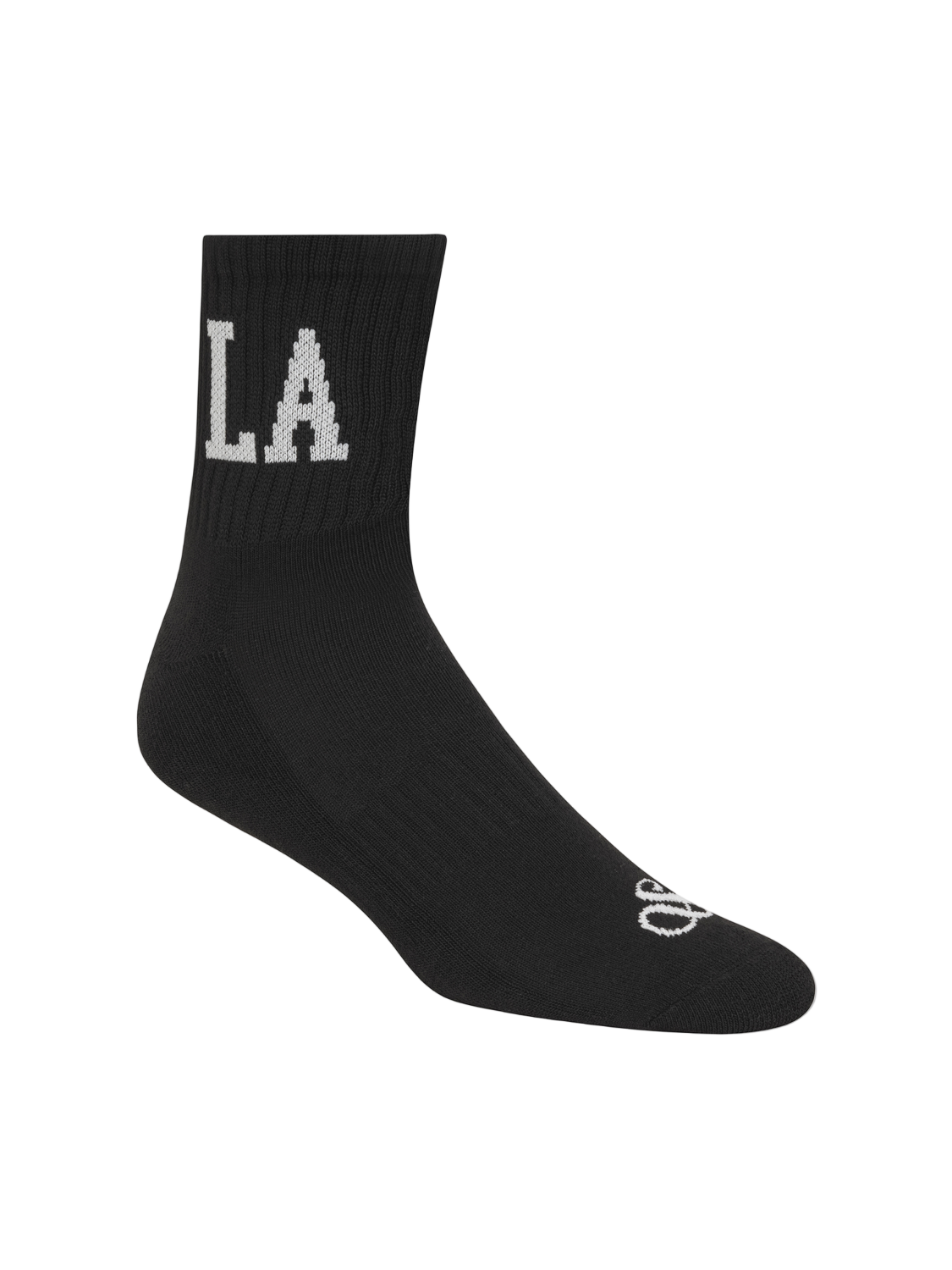 Black sock with 'LA' and Adidas logo on a white background