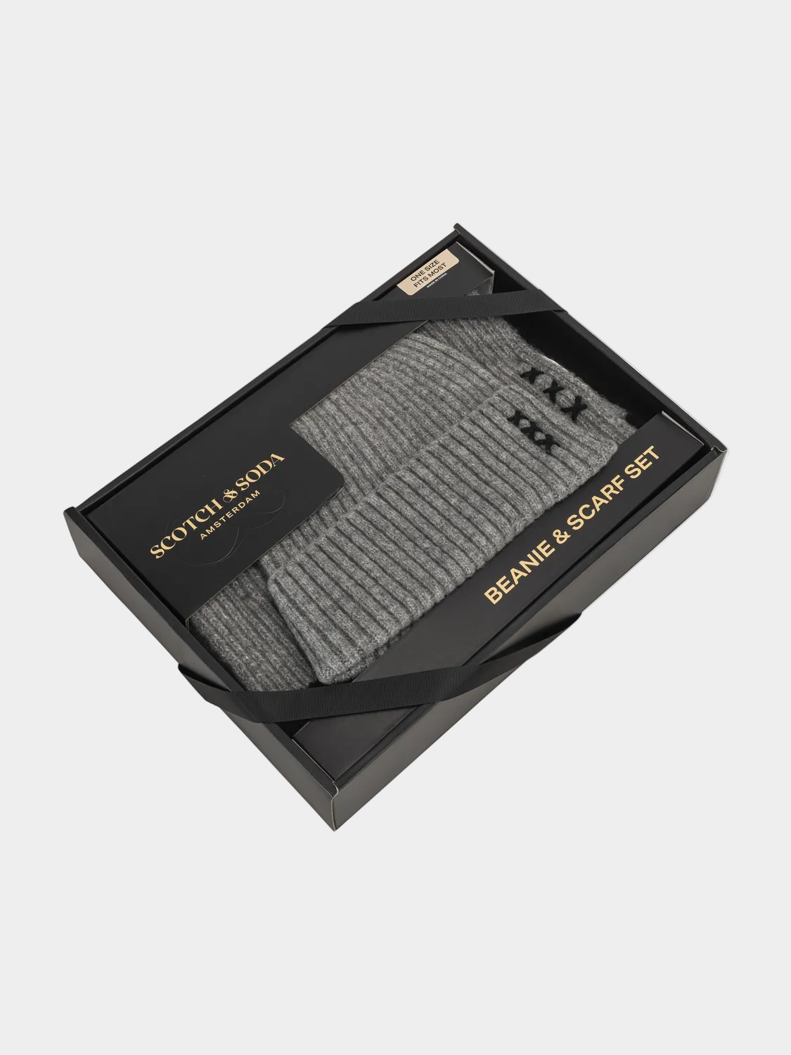 Gray beanie and scarf set in a black box with 'Scotch & Soda' branding on a white background.