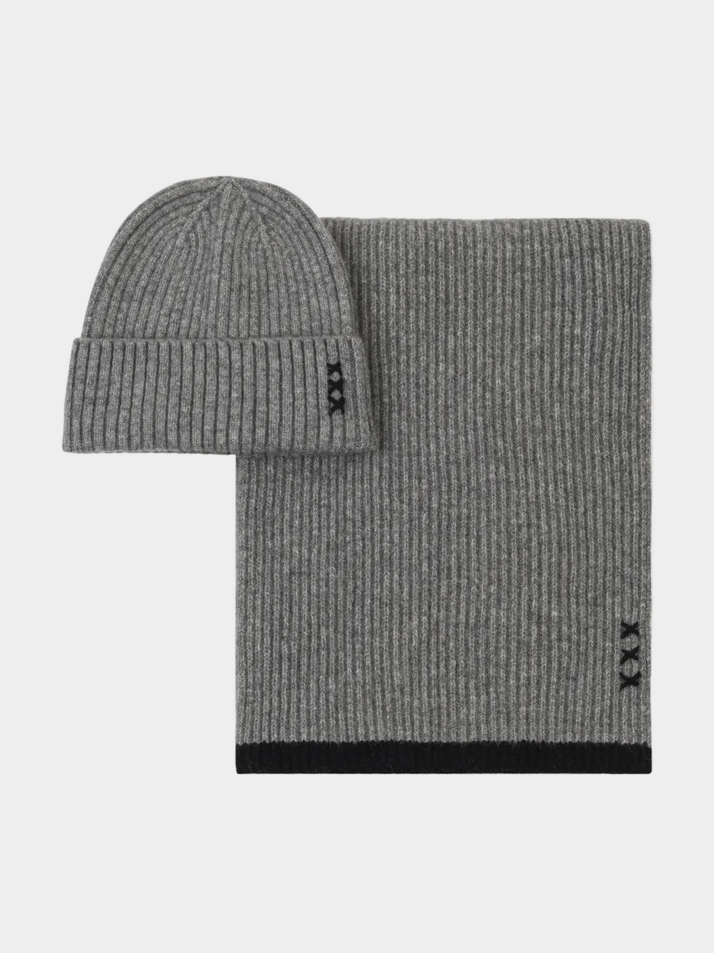 Gray knit beanie and scarf set on a white background
