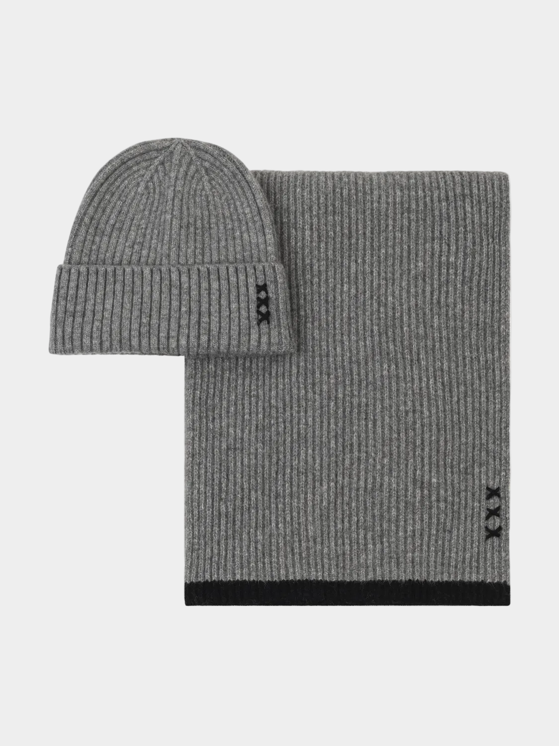 Gray knit beanie and scarf set on a white background